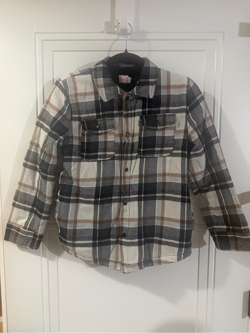 wonder nation Plaid Button-Front shirt Jacket in Black, Cream & Brown Youth L